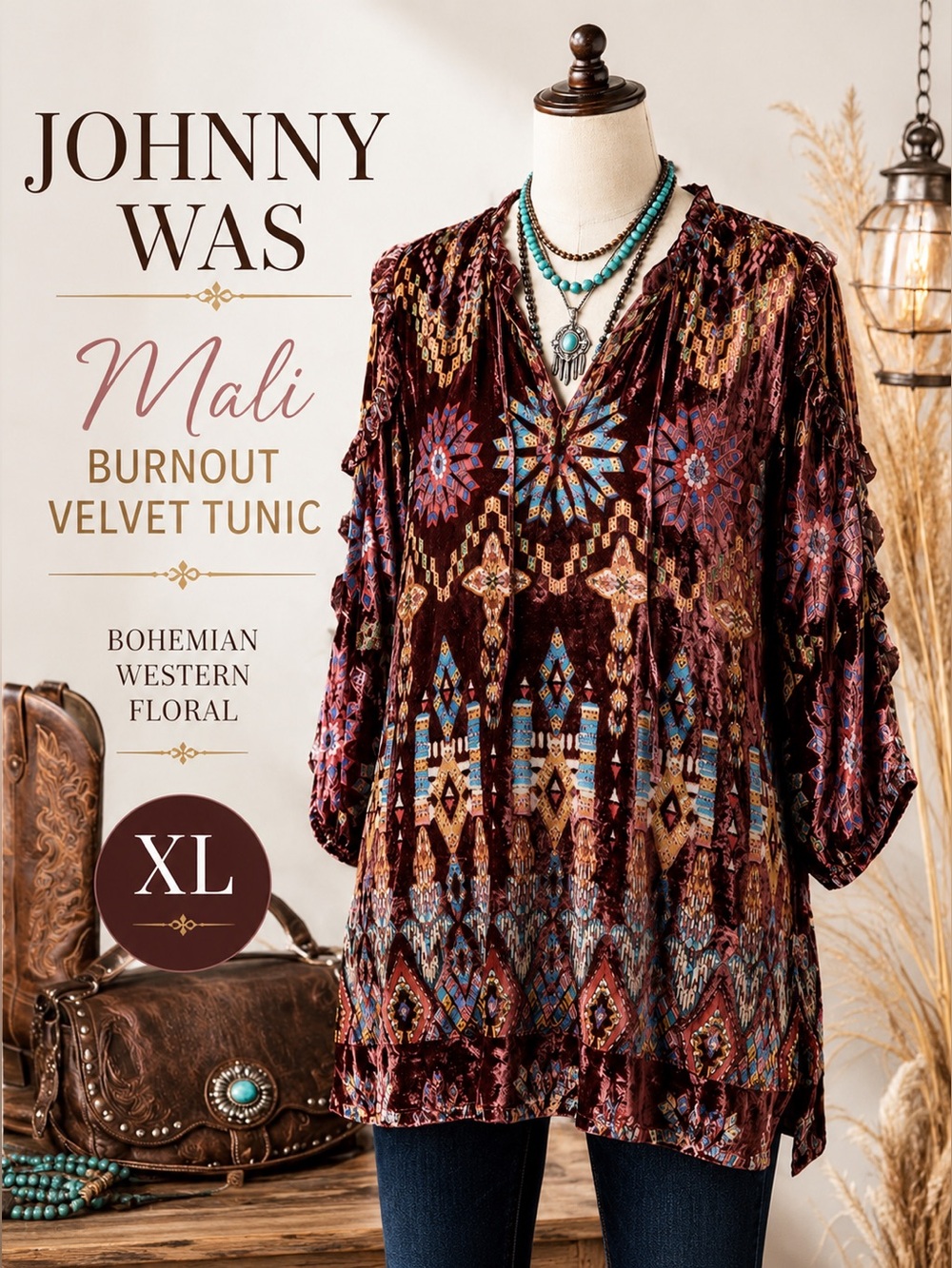 Johnny Was Mali Burnout Velvet Tunic Blouse